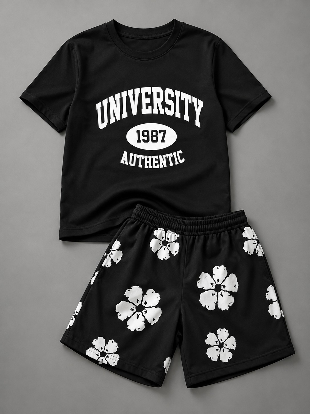 PatPat Black Men’s Shorts with White Floral Print